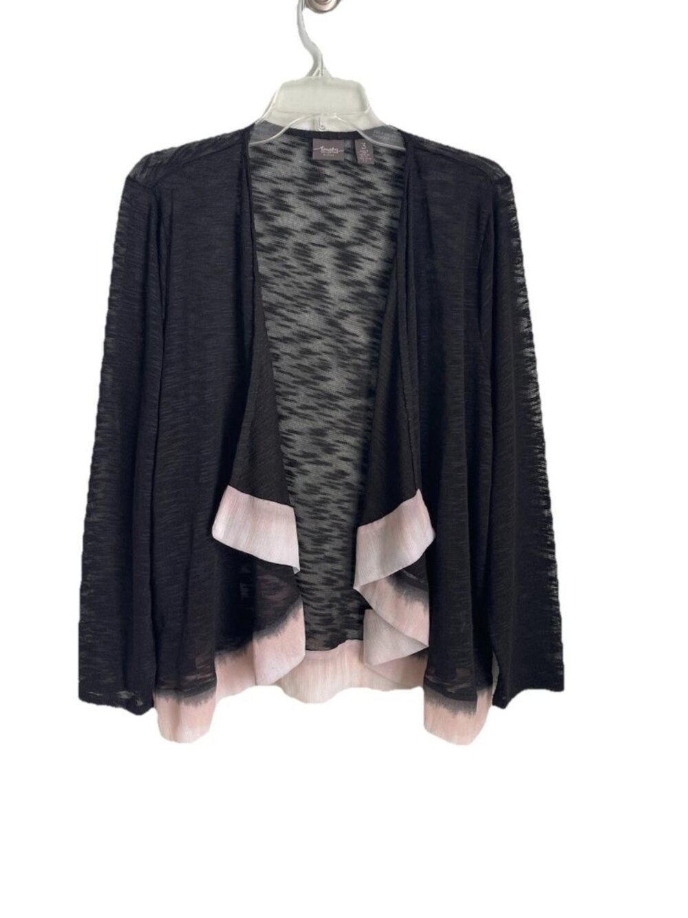 Chicos Travelers 3 Black Dip Dye Trim Open Front Waterfall Jacket